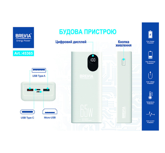 Повербанк Brevia 45365 30000mAh 65W Li-Pol, LCD